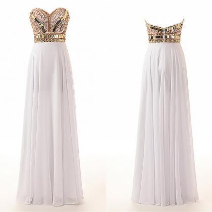 Sweetheart White With Gold Crystals Beaded Evening..