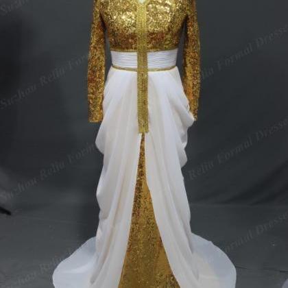 Sexy Dubai Hijab Gold Sequins Evening Prom Dresses..