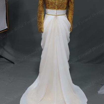 Sexy Dubai Hijab Gold Sequins Evening Prom Dresses..