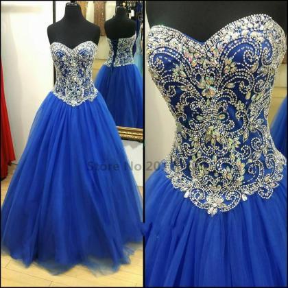 Royal Blue Crystals Prom Dresses A Line Sweetheart..