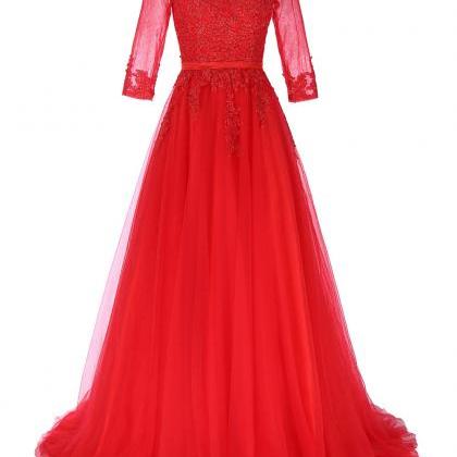 Appliques Tulle Lace Long Red Wedding Dress 2017..