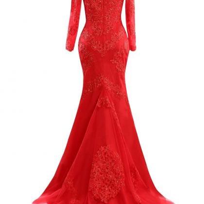 Mermaid Lace Tulle Appliques Beads Red Sweep Train..