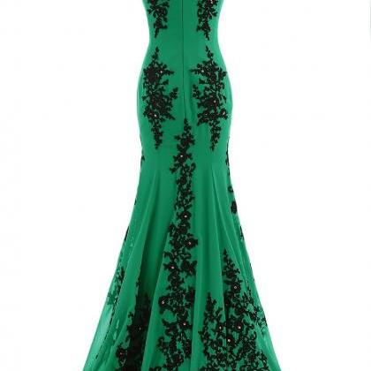 Green Dress Appliques Beads Back Lace Zipper Open..