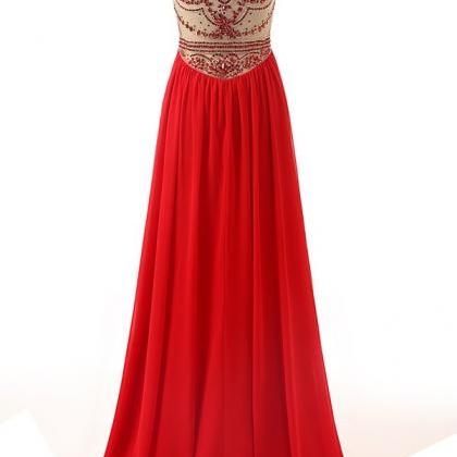 Red Long Prom Dress Handmade Beading Chiffon Red..