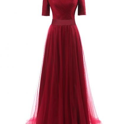 Burgundy Short Sleeves A Line Tulle Evening..