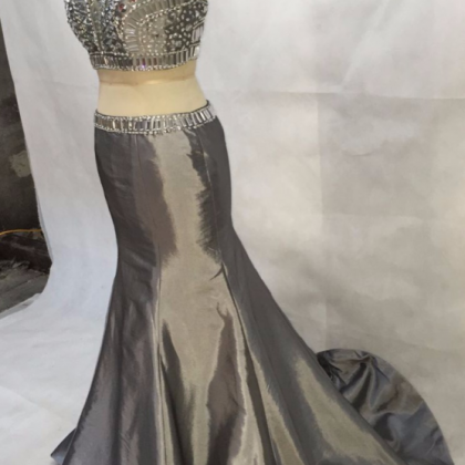 Custom Design Gray Crystal Two Piece Prom Dresses..