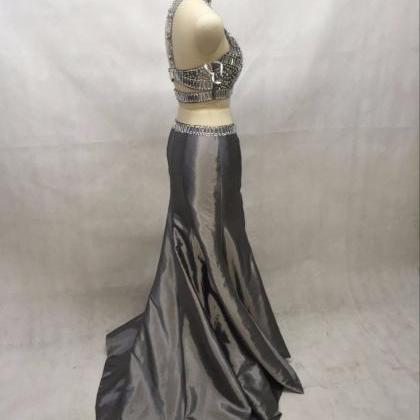 Custom Design Gray Crystal Two Piece Prom Dresses..