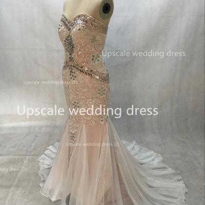 Appliques Beaded Mermaid Prom Dress Sexy Open Back..