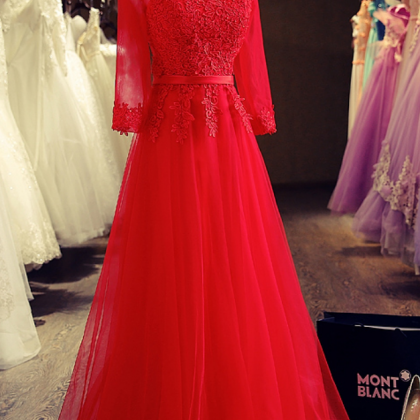 Long Sleeve Red Applique A-line Bandage Tulle Prom..