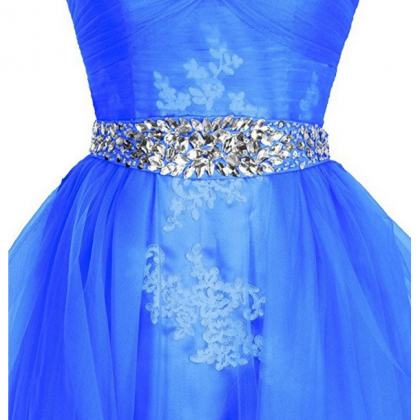 Sweet Strapless Ice Blue Tulle Appliques Beaded Long Birthday Prom Dress Evening Dress SP1848