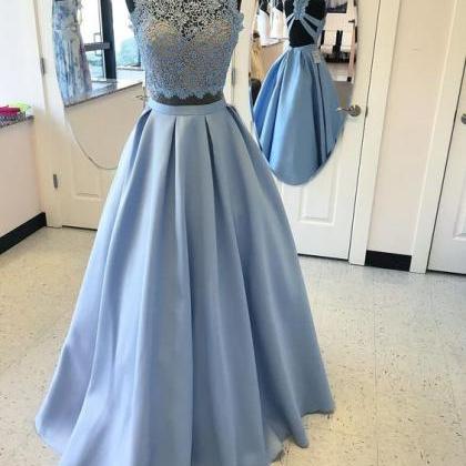 Two Piece Sky Blue Prom Dress, 2017 Two Piece Sky..
