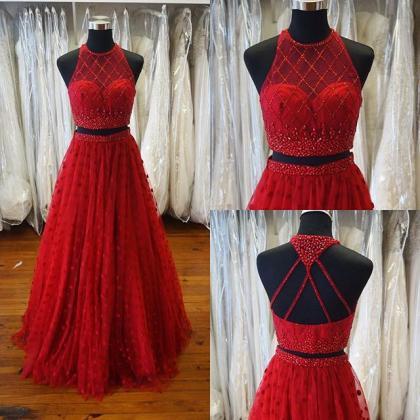Halter Sheer Beaded Two-piece A-line Long Prom..