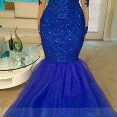 New Royal Blue Long Prom Dresses 2017 Mermaid V-Neck Long Sleeve Evening Dresses Sheer Back Formal Party Dresses Vestidos