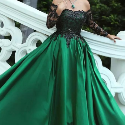 Dark Green Satin Plus Size Evening Dresses Off Shoulder Long Sleeves Sequins Lace Saudi Arabic Ball Gown Prom Dress Vestidos De Fiesta
