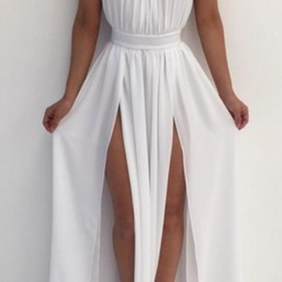  White halter simple A-line backless long prom dress,chiffon evening dress
