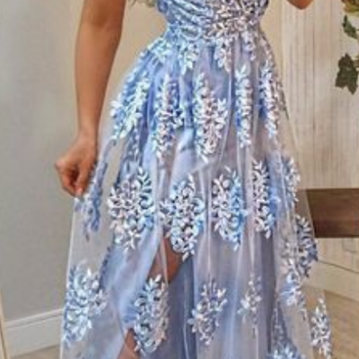 Blue Maxi Dress Open Back Prom Dress with Sequins