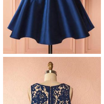 Two Piece Dark Blue Sleeveless Satin Short Homecoming Dress with Lace Appliques