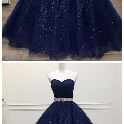  Dark blue sweetheart tulle long prom dress, blue tulle formal dress