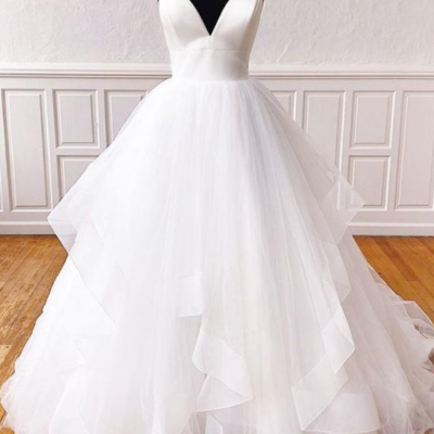 Spark Queen White v neck tulle long prom dress white formal dress