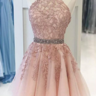 Halter Lace Blush Pink Homecoming Dress,Beading Semi Formal Cocktail Dress