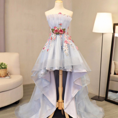 Homecoming Dresses,Cute princess dress, sky blue tulle strapless high low flower applique back to school dress, party dress