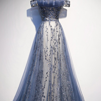 Prom Dresses,Stunning Blue Tulle Off Shoulder A Line Long Prom Dress, Evening Dress 