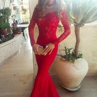Long Sleeves Red Lace Long Prom Dresses,Mermaid Sheath Evening Dresses,Sexy Prom Dress On Sale