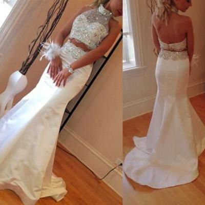 Newest Two Pieces White Long Satin Mermaid Prom Dresses Sexy Sleeveless Beading Fishtail Prom Dress Halter Wedding Dress Custom Made Prom Gown