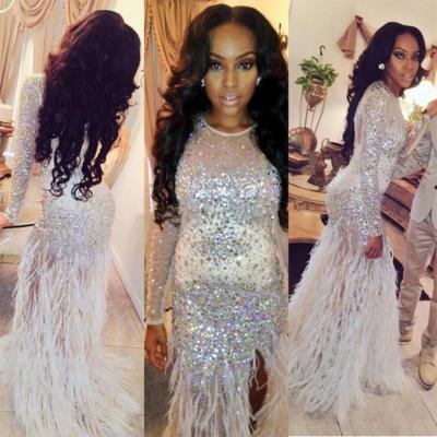 Prom Dresses With Feathers,Sexy Bling Sparkle Prom Dresses Mermaid Sheer Long Sleeves Prom Dresses With Beads Crystals Rhinestones,Prom Gown,Formal Prom Dresses