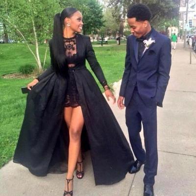 Sexy Two Piece Prom Dresses,Black Lace Short Prom Dresses,Long Sleeve Prom Dress With Detachable Coat ,Floor-Length Prom Dress,Special Occasion Dress