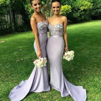 Elegant Chiffon Long Mermaid Bridesmaid Dress Light Grey Sweetheart Appliques Beaded Evening Dresses Custom Made Prom Gowns