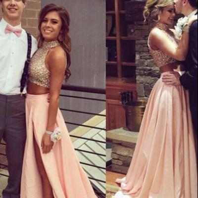 Fashion Two Pieces Blush Prom Dress,Sexy Slit Graduation Dresses,Beaded Two Pieces Formal Party Dress,Prom Gowns 2016
