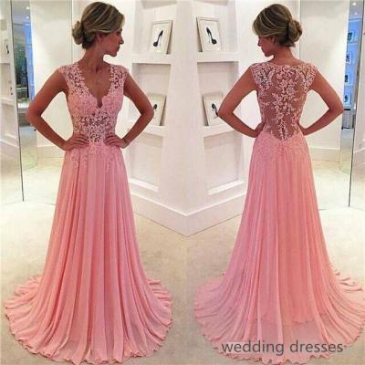 Blush Pink A Line Chiffon Prom Dresses Lace Appliques Plunging V Neck Sexy Evening Gown Sheer Cap Sleeves Girls' Party Dress