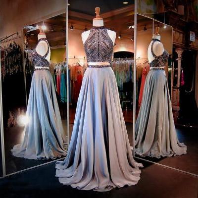 A-Line Prom Dresses Women's Halter Crystals Sequins Beaded Open Back Two Pieces Long Prom Dress Party Dresses