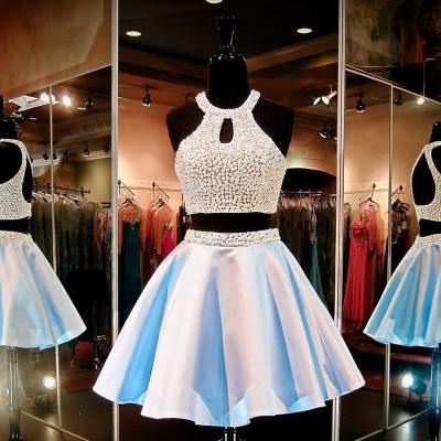 Prom Gowns And Party Drresses Of Women's High Halter Beaded With Pearls Keyhole Back Two Piece Homecoming Dress