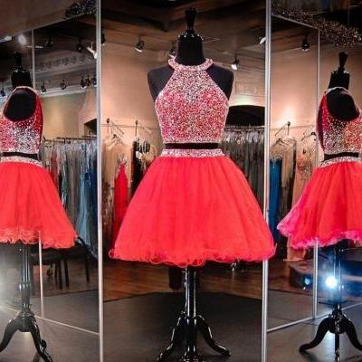 Party Dresses And Tull Home Dresses Women's Halter Rhinestoned Beading Ruffles Tulle Two Piece Homecoming Dress Wedding Gowns