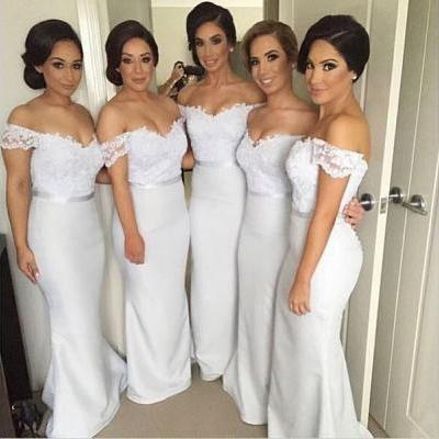 Lace Bridesmaid Dress,Long Bridesmaid Gown,Off the Shoulder Bridesmaid Gowns,Mermaid Bridesmaid Dresses,White Bridesmaid Gowns,2016 Bridesmaid Dress