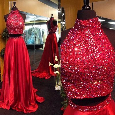 2017 Two pieces Hang a neck Celebrity dresses red Evening Dresses,Sweetheart Evening Dress,Long Evening Dress,Satin Evening Dress, Cheap Evening Dress