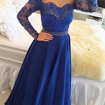 Lace Prom Dresses,Princess Prom Dress,Modest Prom Gown,Royal Blue Prom Gown,Elegant Evening Dress,Chiffon Evening Gowns,Long Sleeves Party Gowns