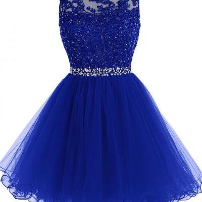 Royal Blue Prom Dress, Short Beaded Prom Dress, Tulle Applique Evening Dress, Sweet 16 Prom Dress, Party Dress Dance, Ball Gowns, Royal Blue Homecoming Dress, Short Cocktail Dresses