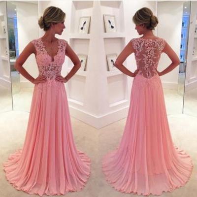2017 Beautiful V-neck Pink Lace Chiffon Long Prom Dress, Ball Gown, Modest Prom Dress