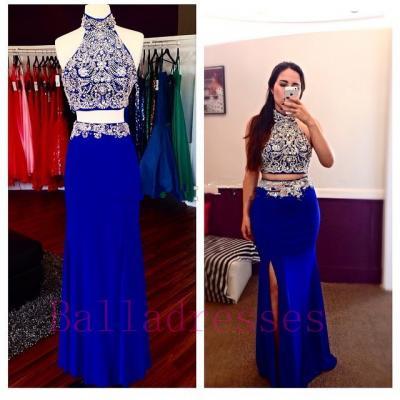 Royal Blue Prom Dresses,2 Piece Prom Gowns,2 pieces Prom Dresses,Sexy Party Dresses,Long Prom Gown,Chiffon Prom Dress,Beaded Evening Gowns,Beading Formal Gown For Teens
