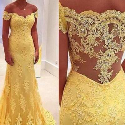 Elegant Mermaid Yellow Lace Off Shoulder Long Prom Dress