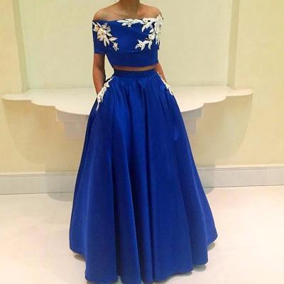 Sexy Prom Dresses,Royal-Blue A-Line Two-Pieces Appliques Off-the-Shoulder Prom Dress