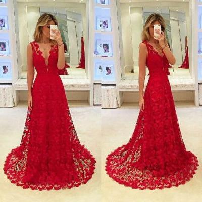 Red Prom Dresses,Charming Evening Dress,Prom Gowns,Lace Prom Dresses,2017 New Prom Gowns,Red Evening Gown,Backless Party Dresses