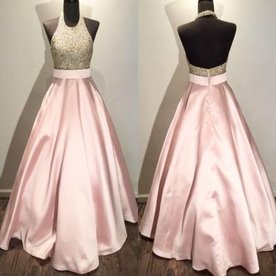 Halter Prom Dress,Pink Prom Dress,Beaded Prom Dress,Bodice Prom Dress,Fashion Prom Dress, Cheap Party Dress, 2017 Evening Dress