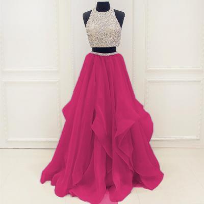 New Arrival Prom Dress,Modest Prom Dress,Stunning Sequins And Beaded Top Organza Ruffles Two Piece Prom Dress 2017