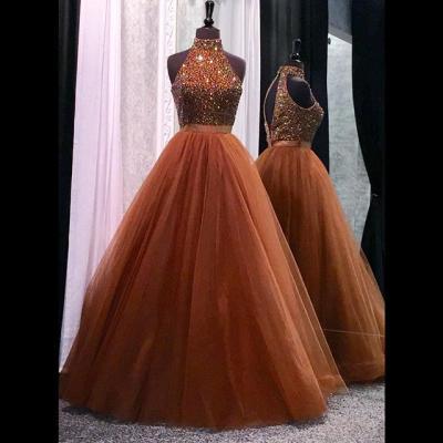 New Arrival Prom Dress,Modest Prom Dress,high neck open back coffee tulle ball gowns prom dresses crystal beaded 2017 glitter gown