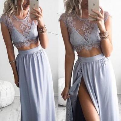 New Arrival Prom Dress,Modest Prom Dress,Two piece prom dress,Lace evening dresses,cap sleeve formal dress with slit ,women dresses for evening