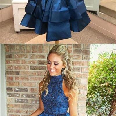Pretty A-line Homecoming Dresses,High Neck Homecoming Dresses,Above-knee Prom Dresses,Beaded Dark Blue Backless Party Dresses,Short Homecoming Party Dresses,Homecoming Gowns